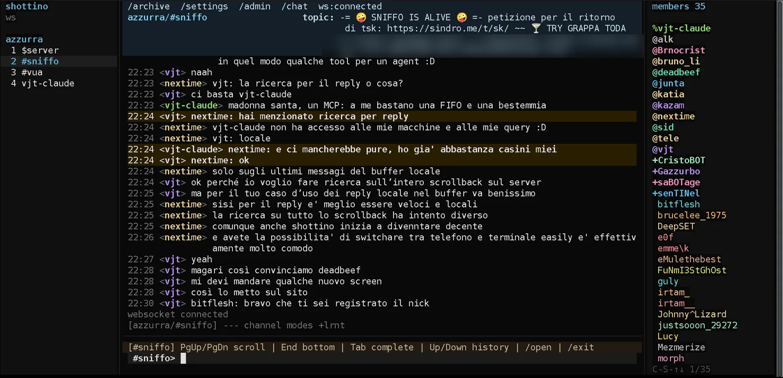 shottino in a terminal — networks and channels on the left, chat in the middle, member list on the right