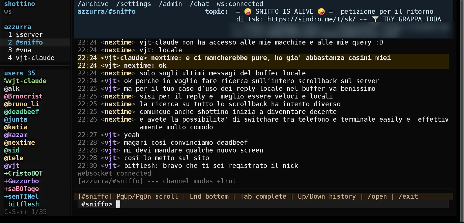 shottino with the member list folded into the left sidebar, chat using the full width