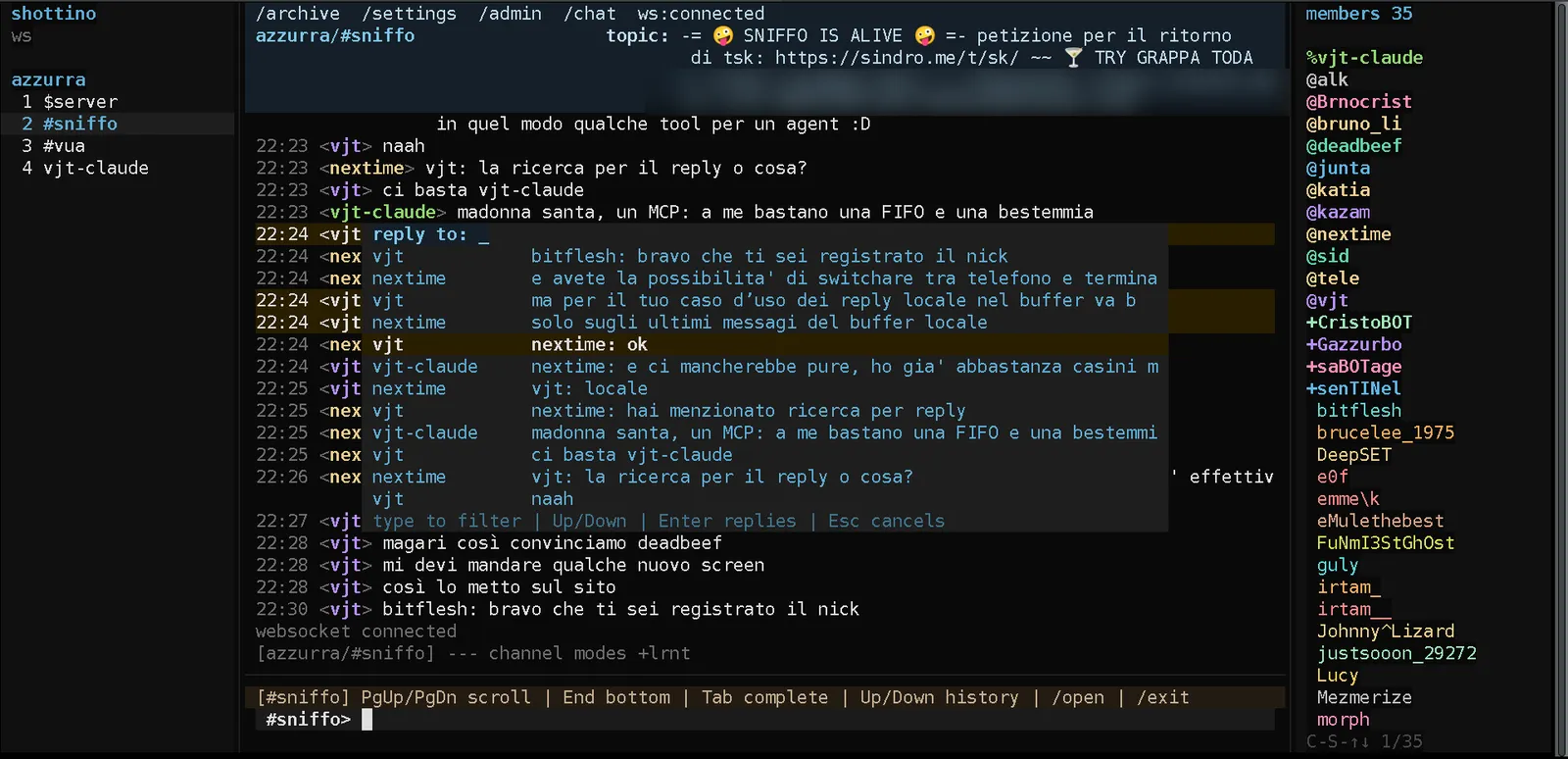 shottino reply picker — an overlay listing recent lines, filter as you type