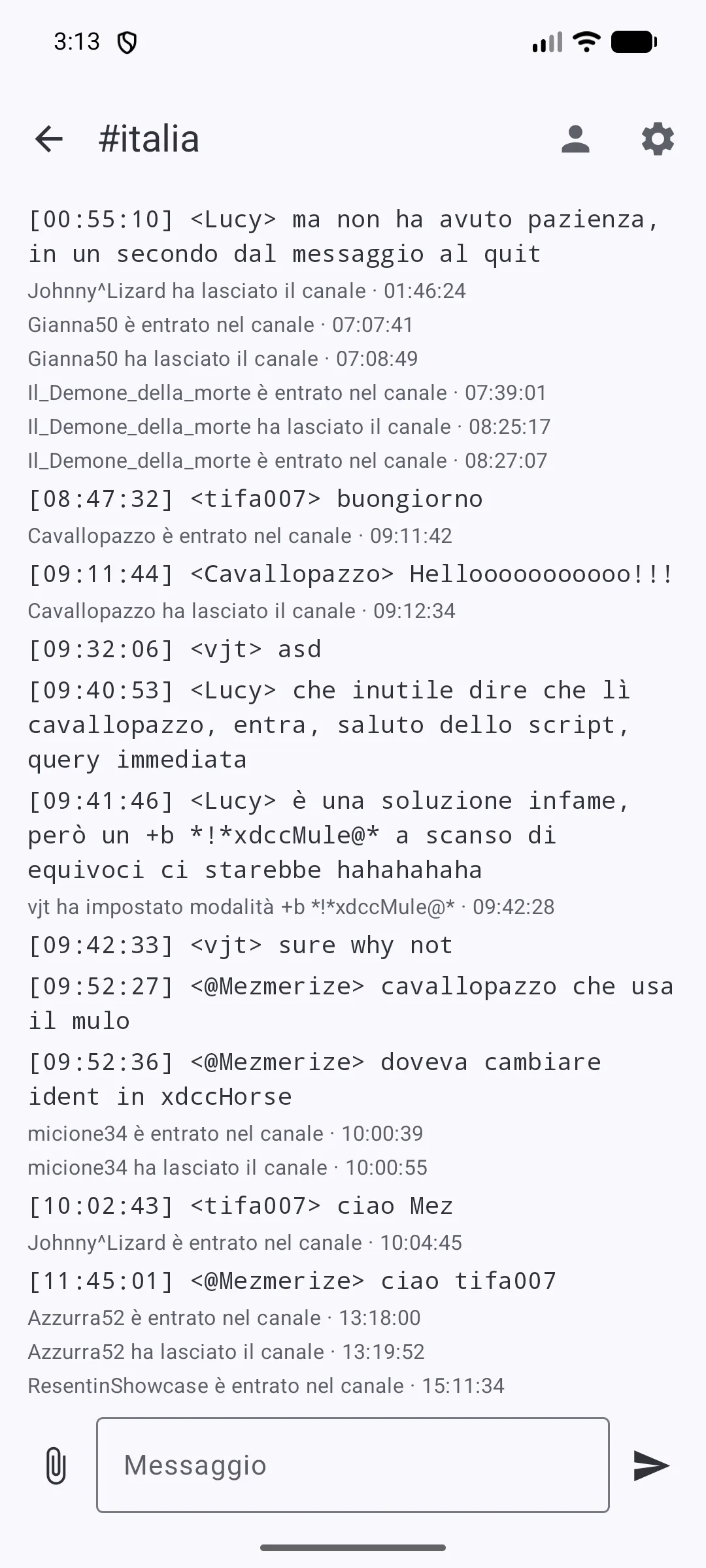 the same channel in classic IRC one-line layout, timestamp and nick in brackets