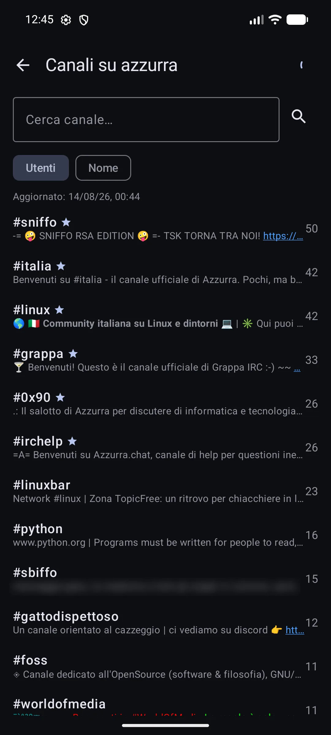 the channel directory, sorted by users, with topics and counts