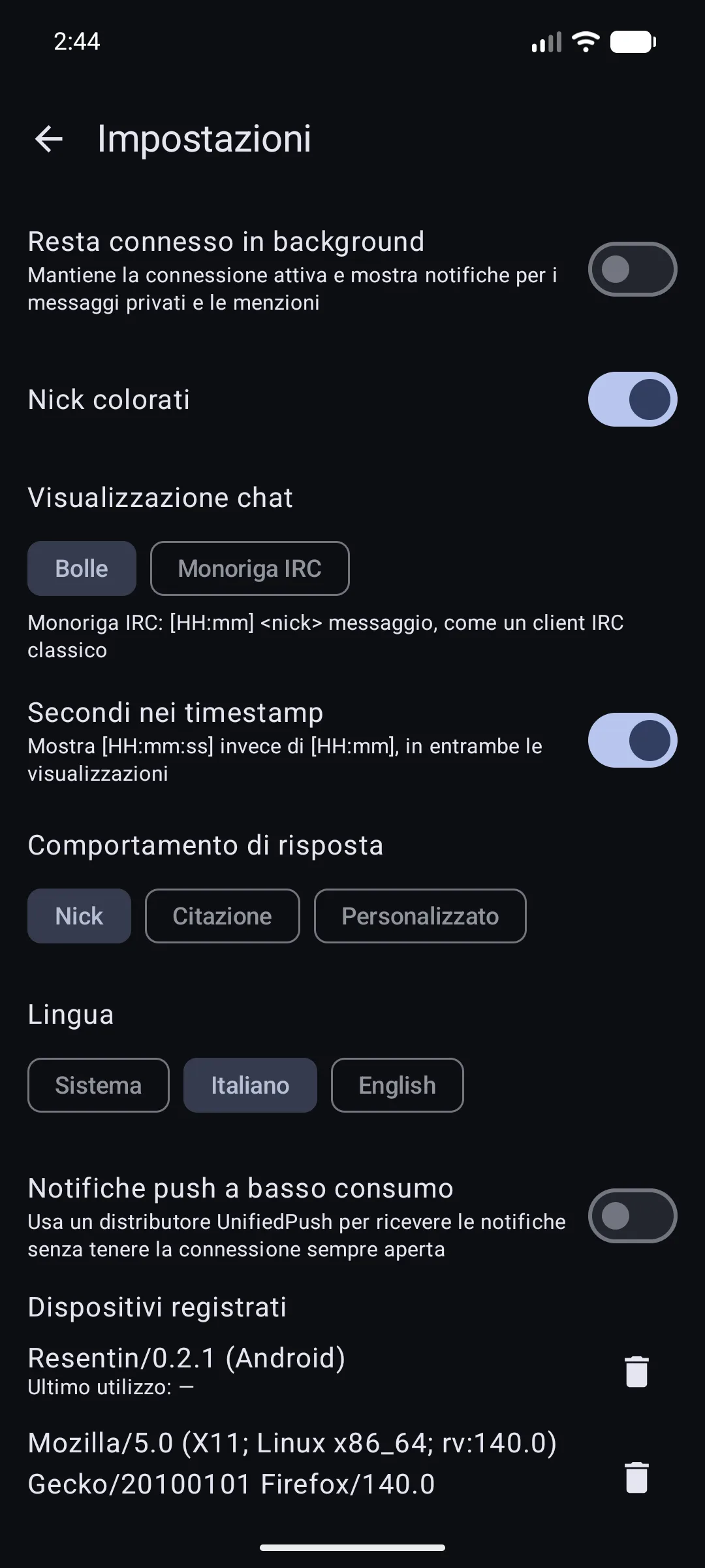 settings — chat layout, timestamps, language, UnifiedPush and registered devices