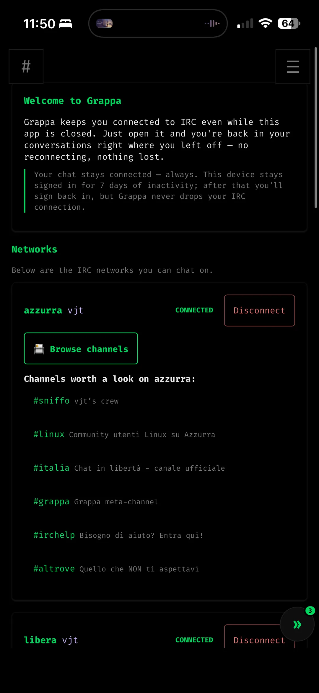 cicchetto home on a phone — welcome, connected networks, channels worth a look