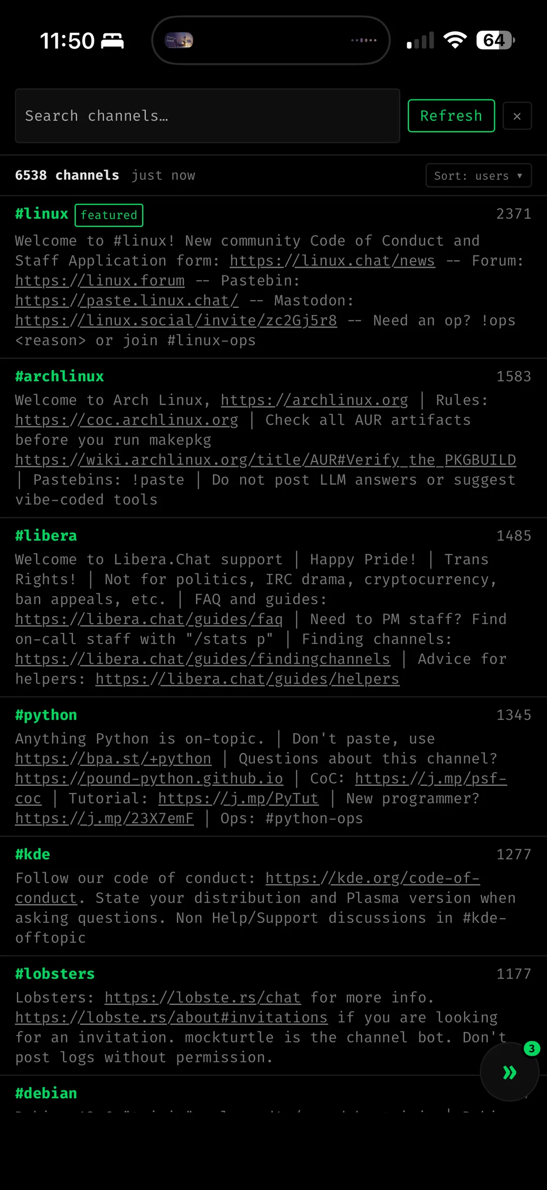 the channel directory on a phone — 6538 channels, search and sort