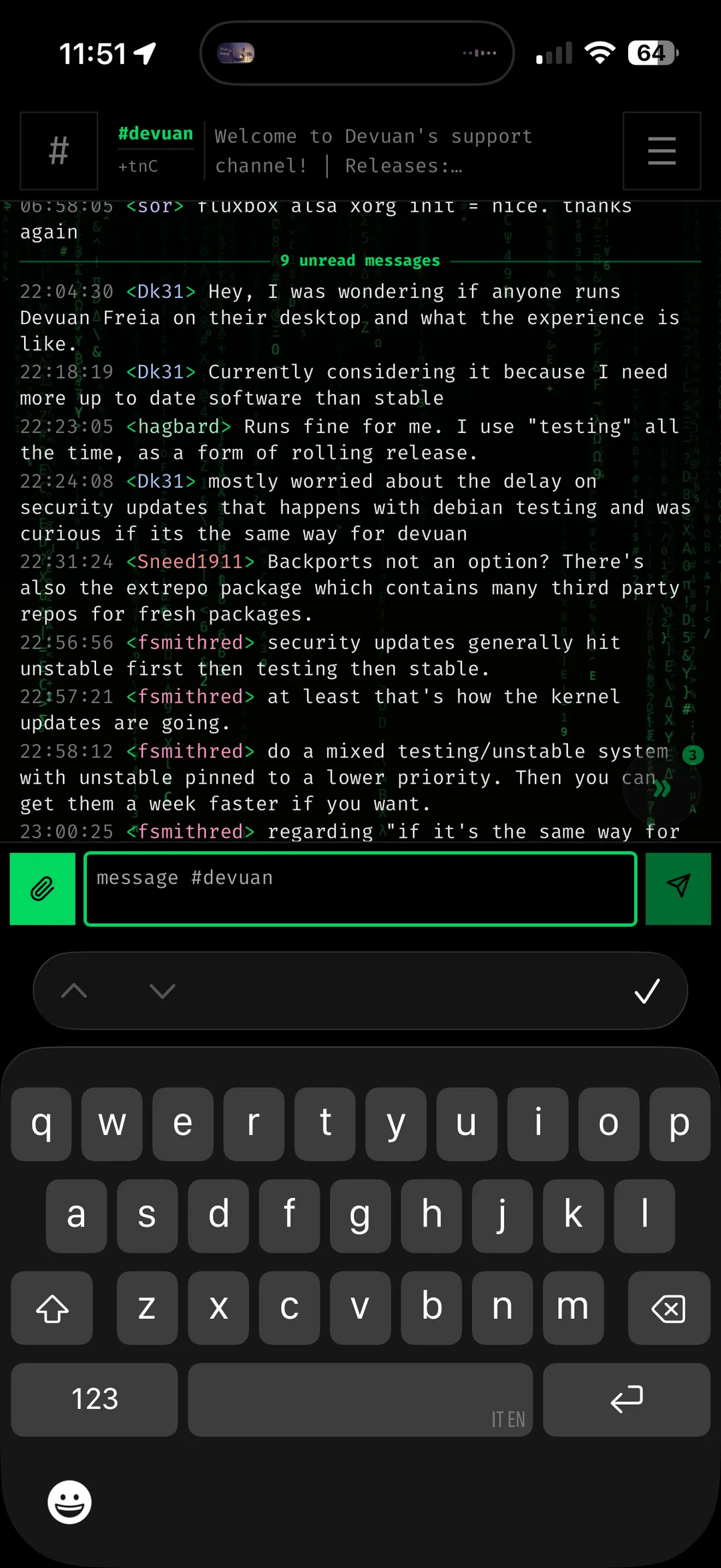 a channel open on a phone, unread marker and the compose box