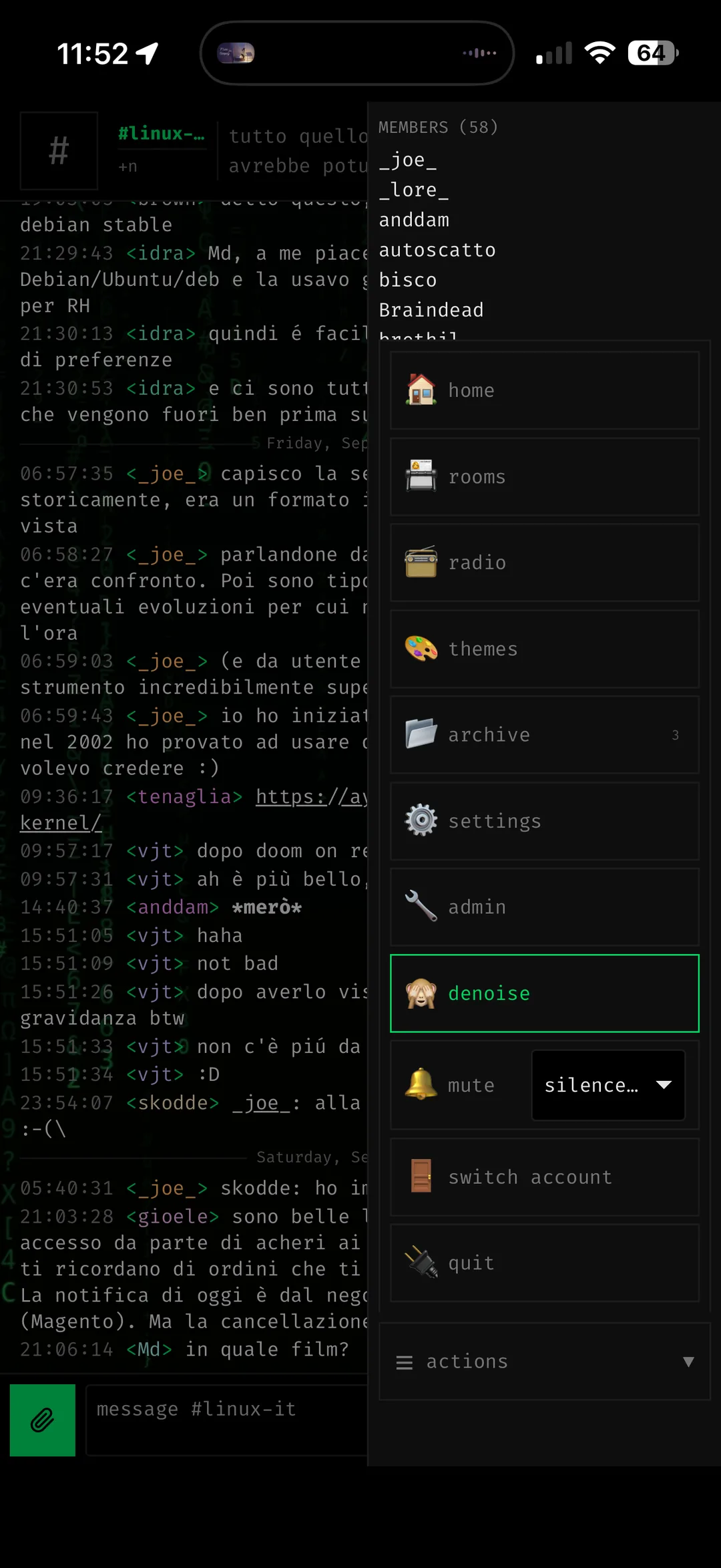 the side menu — home, rooms, radio, themes, archive, settings, admin