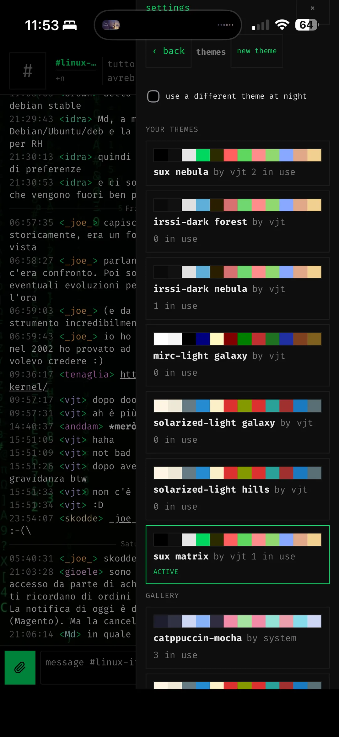 the theme picker — colour swatches, your themes and a gallery