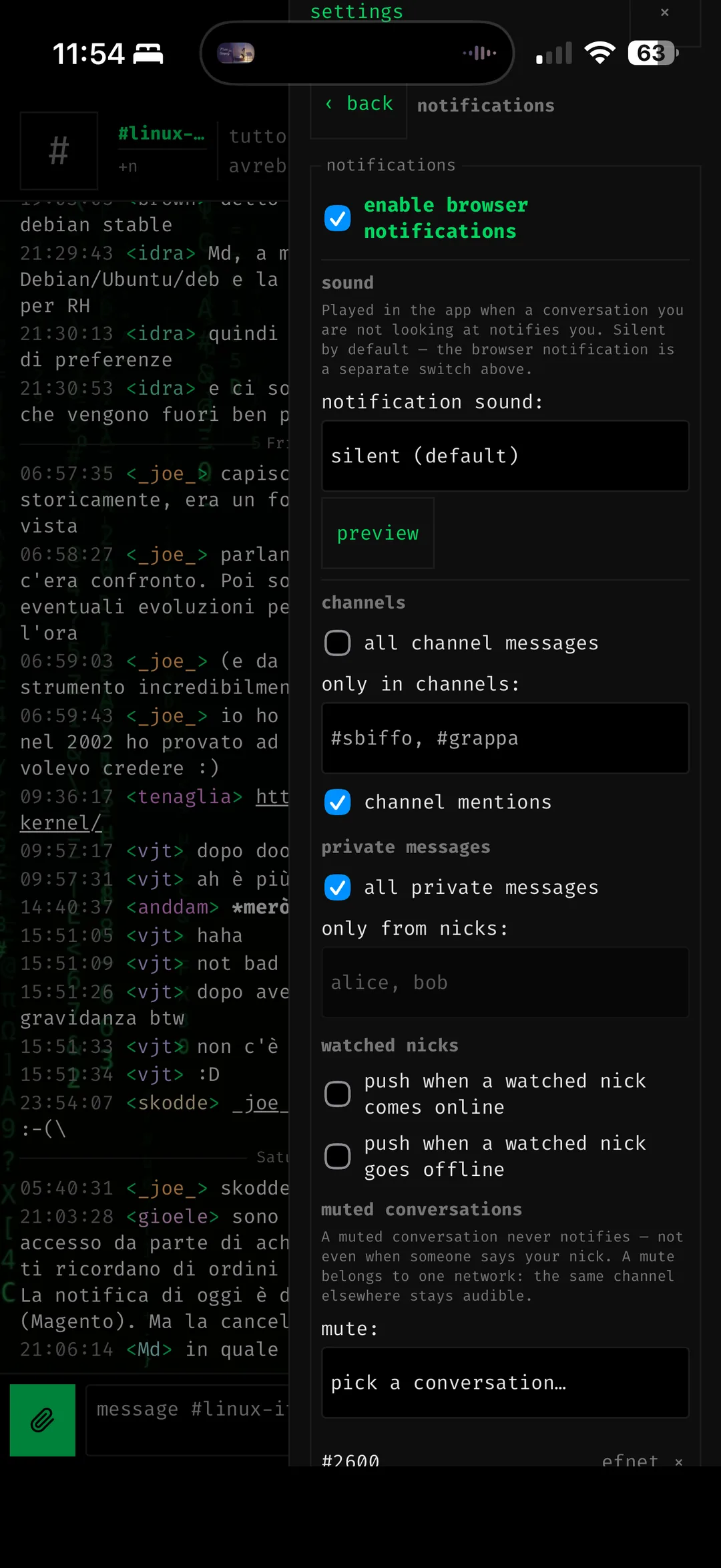 notification settings — sound, per-channel and per-nick triggers