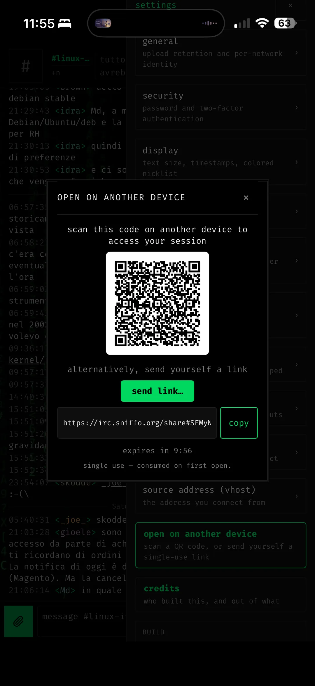 open on another device — a QR code and a single-use link