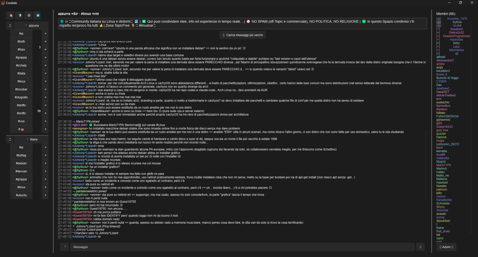 Cordiale on the desktop — two networks in the sidebar, #linux scrollback in the middle, the member list on the right