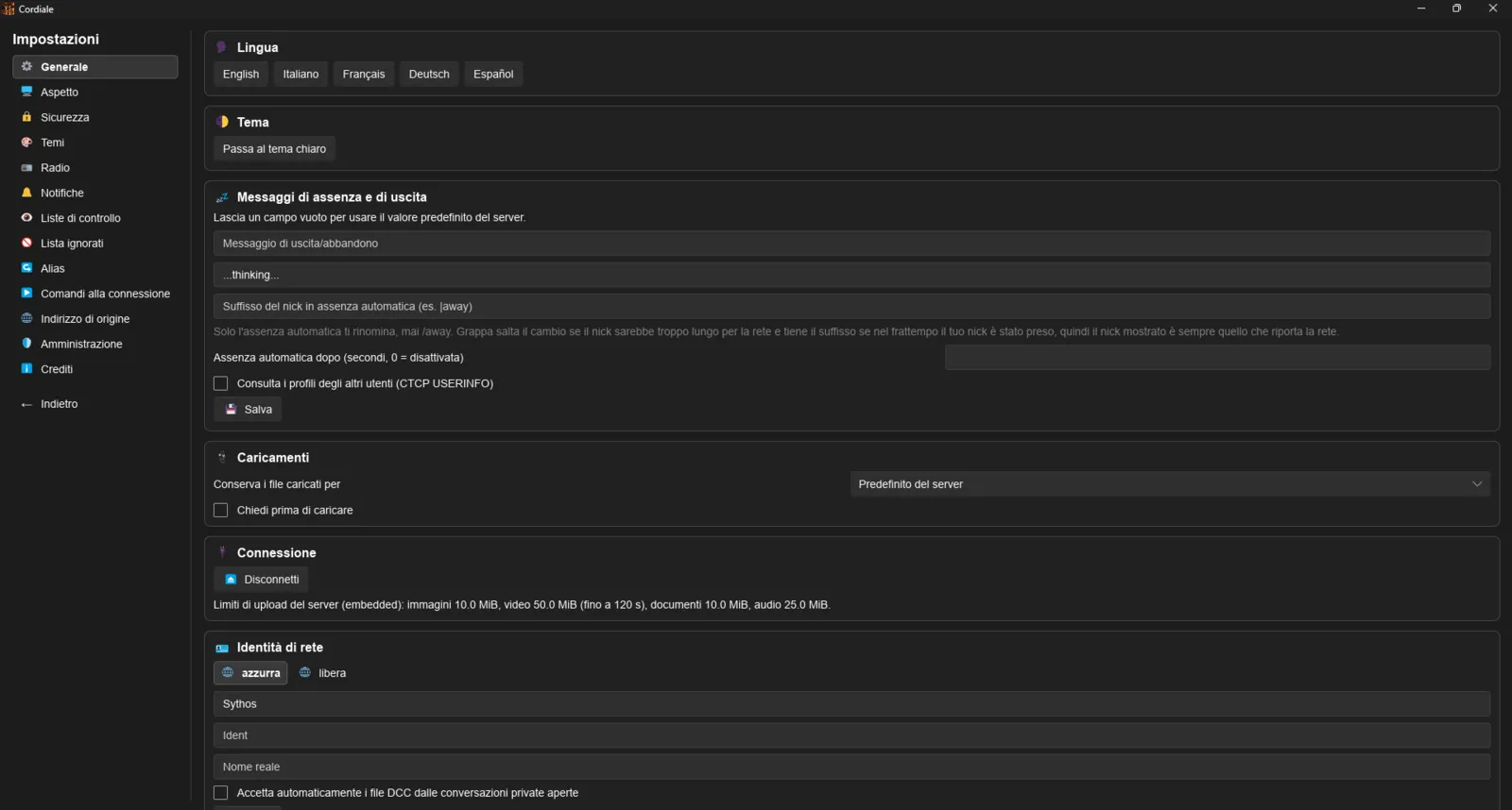 settings — language (English, Italiano, Français, Deutsch, Español), theme, away and quit messages, uploads, connection, identity per network