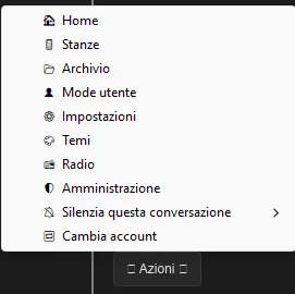 the actions menu — home, rooms, archive, user modes, settings, themes, radio, administration, mute this conversation, switch account