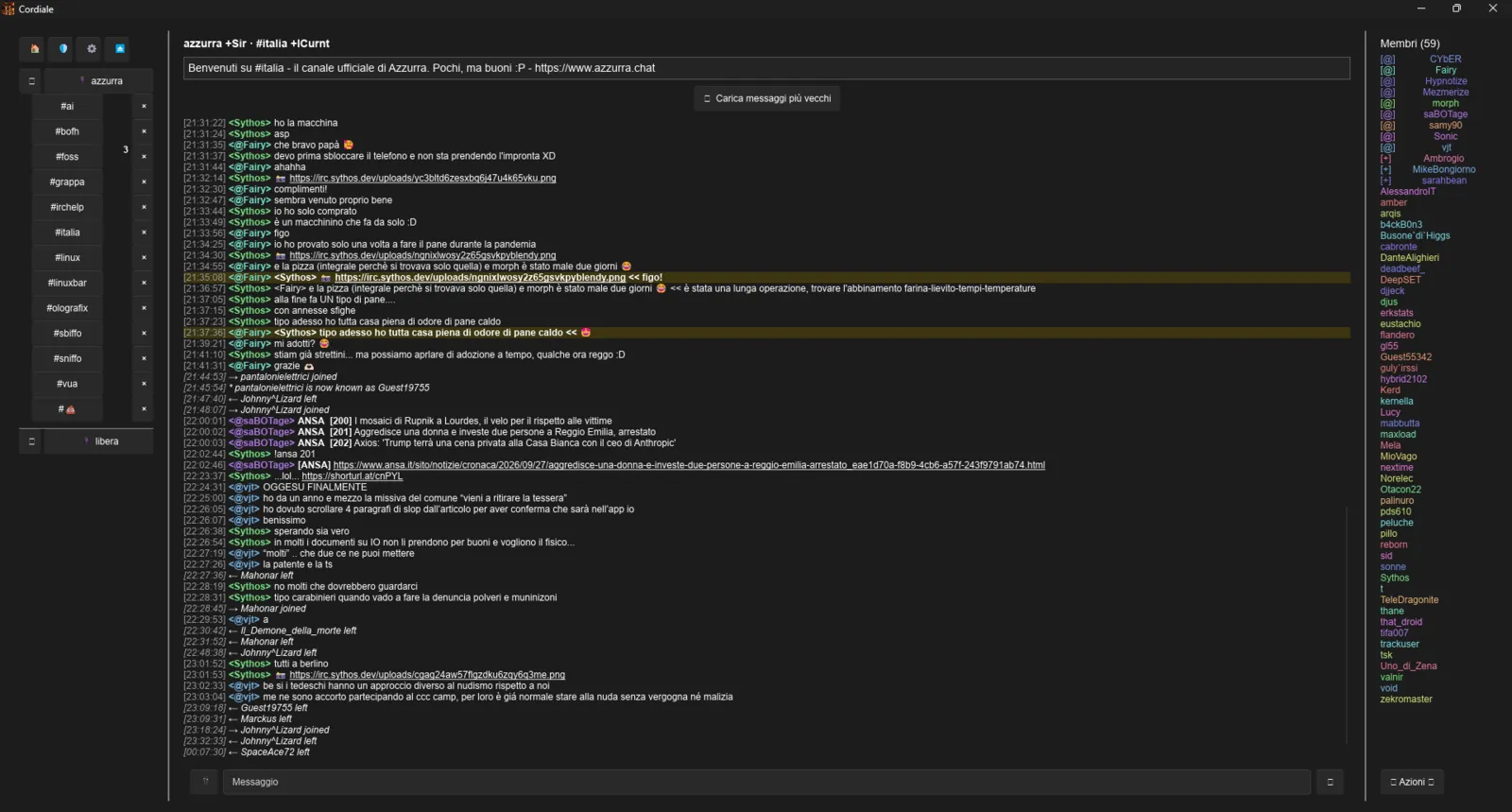 a busy channel — lines that mention you highlighted, links clickable, members down the right